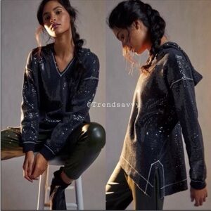 Anthropologie Sequin Hoodie Tunic Black Pullover Long Sleeve Top XS NWT